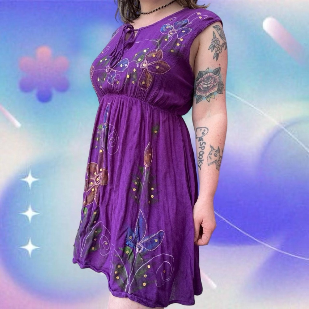 vtg y2k ninety forest fairycore painted sequin babydoll sundress, free size